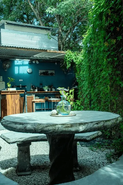Outdoor patio of the women's hostel in Tamarindo, with rustic stone table and green vine wall.